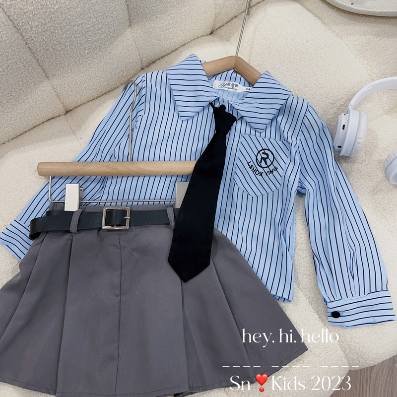 Set váy voan tầng xếp ly có lót áo len gân đính đá, set sơ mi đồng phục kèm cà vạt vải nhập qc Jane kids