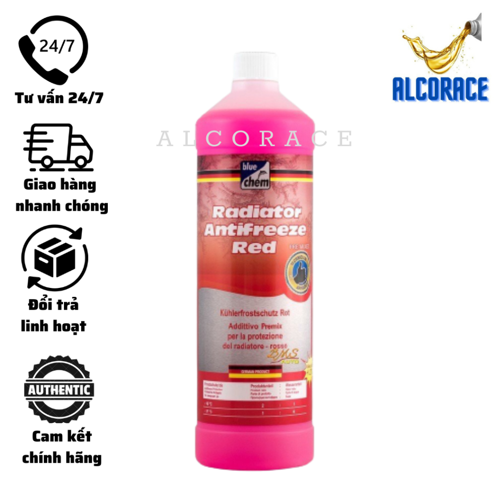 Nước mát động cơ Bluechem Radiator Antifreeze Red chai 1L, pha Sẵn 128 Độ