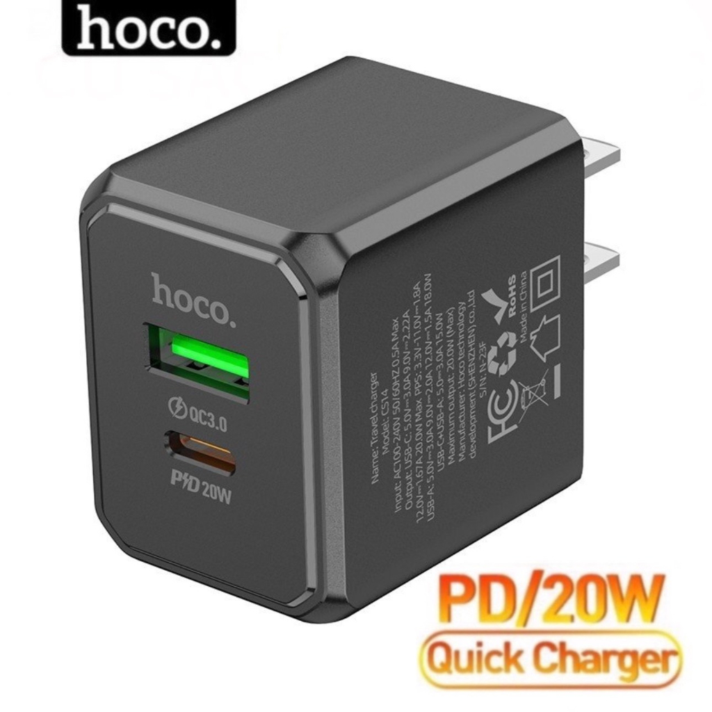 Củ sạc nhanh 20w HOCO 2 cổng type c và usb đen Bộ sạc pd20w dùng cho ip iphone 11 12 13 14 xsmax samsung xiaomi ..