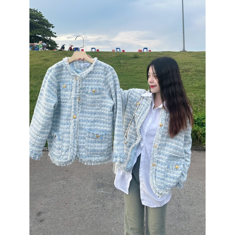 Áo Dạ Tweed Tua Gấu 2 Lớp Có Đệm Vai