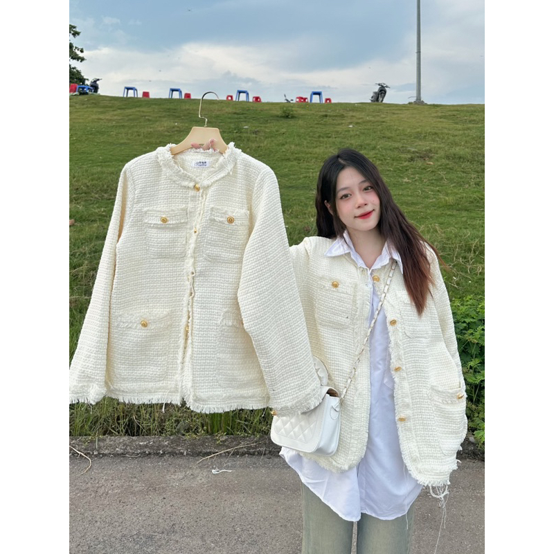 Áo Dạ Tweed Tua Gấu 2 Lớp Có Đệm Vai