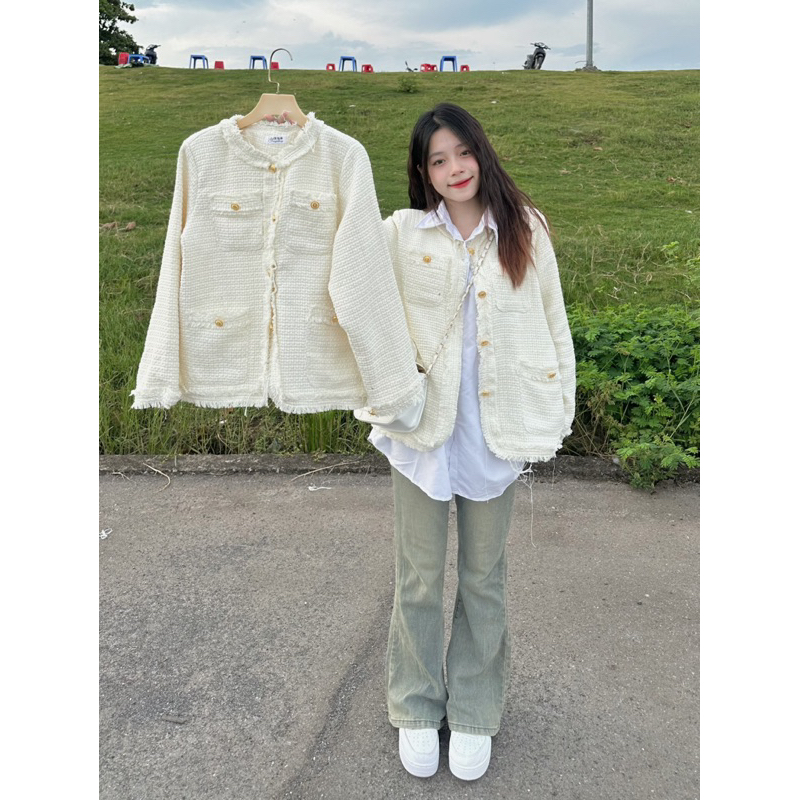 Áo Dạ Tweed Tua Gấu 2 Lớp Có Đệm Vai