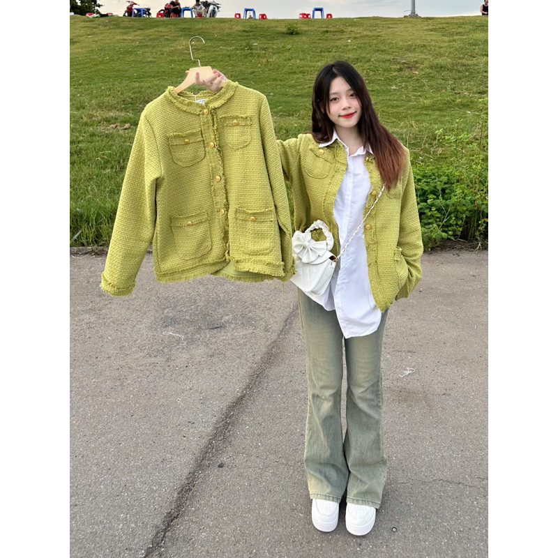 Áo Dạ Tweed Tua Gấu 2 Lớp Có Đệm Vai