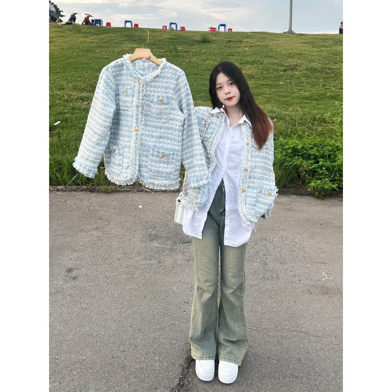 Áo Dạ Tweed Tua Gấu 2 Lớp Có Đệm Vai