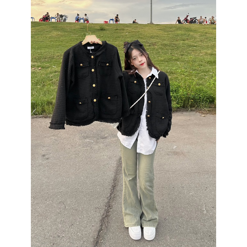 Áo Dạ Tweed Tua Gấu 2 Lớp Có Đệm Vai