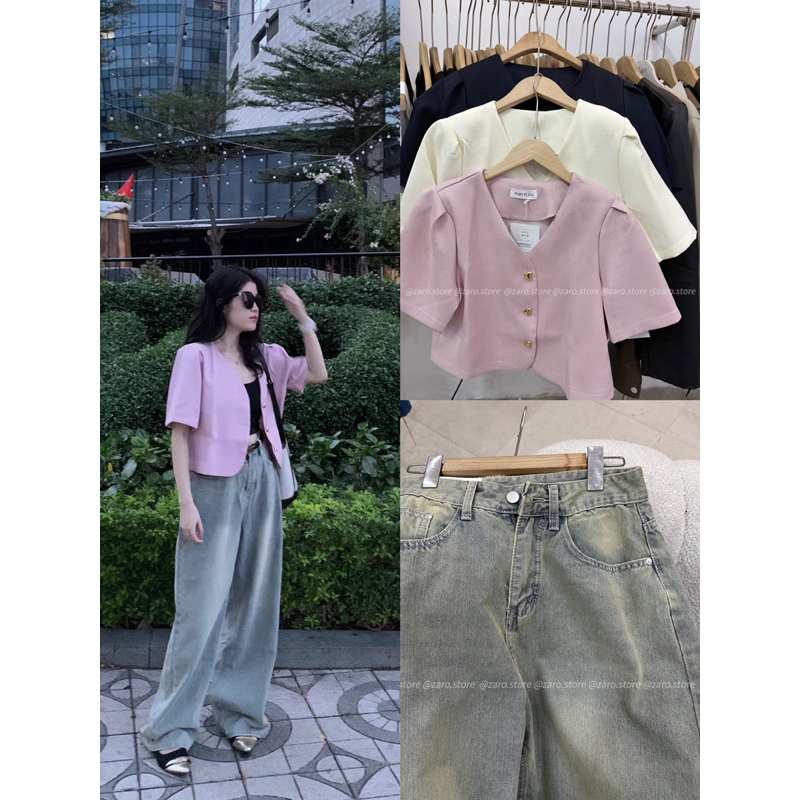 Áo tweed ngắn tay độn vai cúc tim