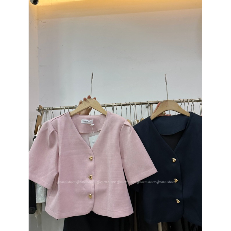 Áo tweed ngắn tay độn vai cúc tim