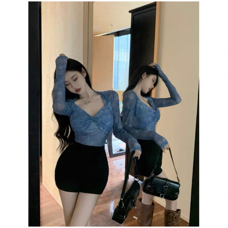 Áo Thun Lưới Cúp Khuôn Ngực Loang Tay Dài Croptop