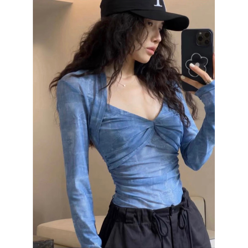 Áo Thun Lưới Cúp Khuôn Ngực Loang Tay Dài Croptop