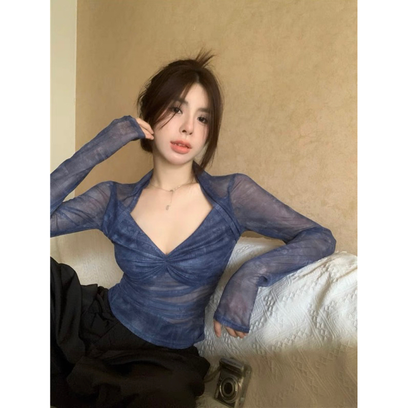 Áo Thun Lưới Cúp Khuôn Ngực Loang Tay Dài Croptop