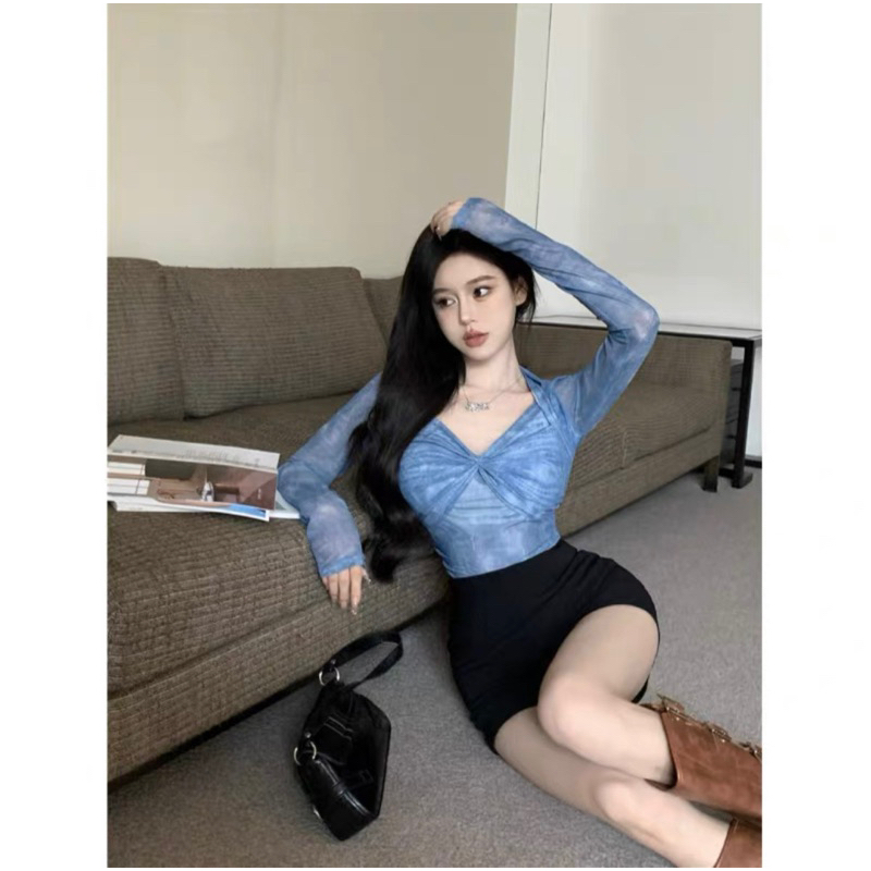 Áo Thun Lưới Cúp Khuôn Ngực Loang Tay Dài Croptop