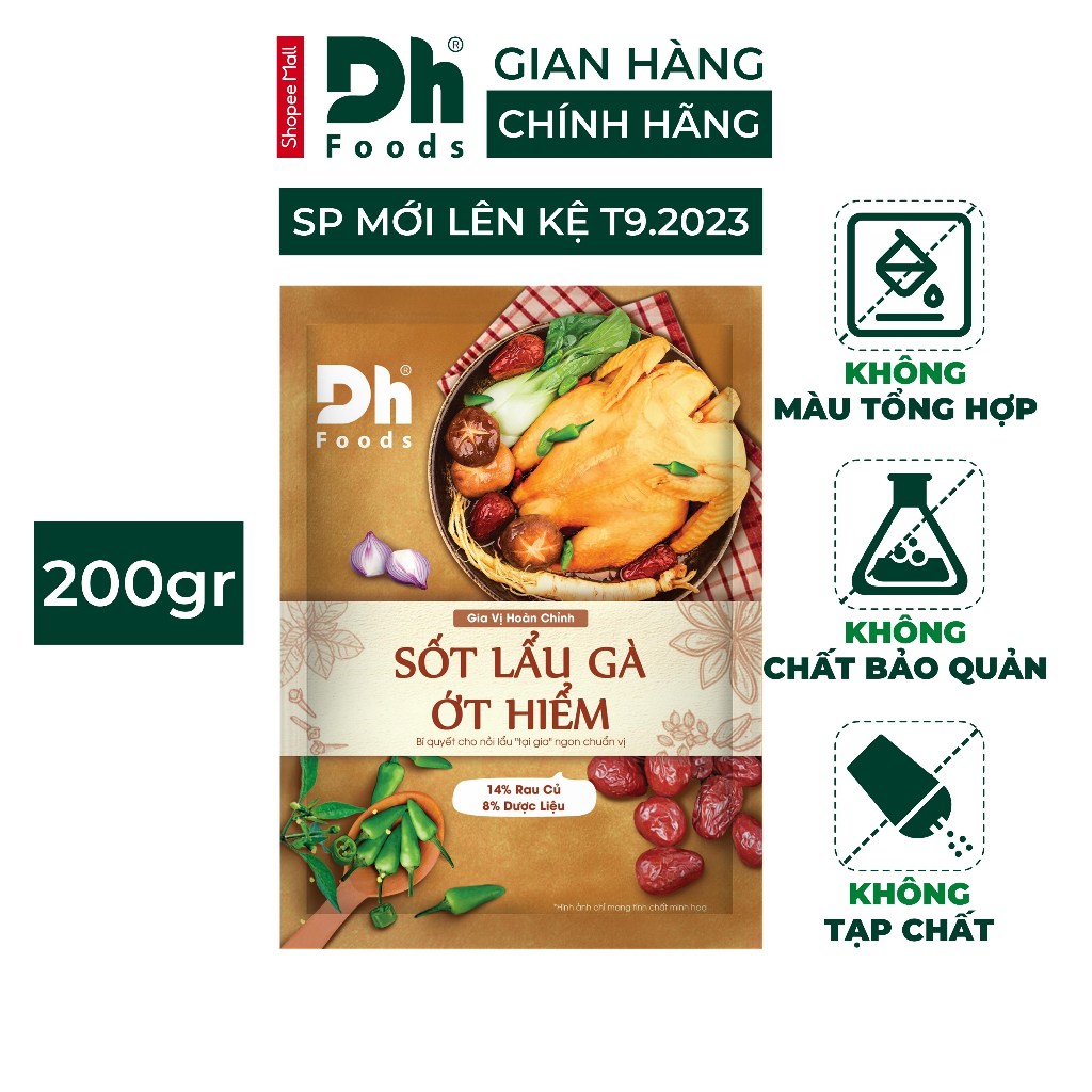 Sốt lẩu gà ớt hiểm Dh Foods gia vị hoàn chỉnh nêm sẵn thành phần tự nhiên làm nước dùng lẩu gà gói 200gr