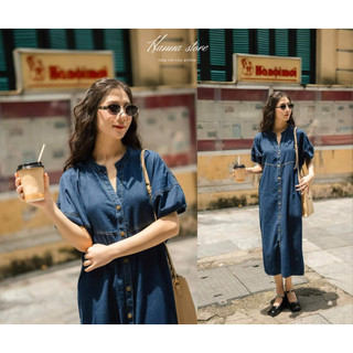 Váy Denim Cổ Xẻ V Dáng Dài Phom Suông Basic