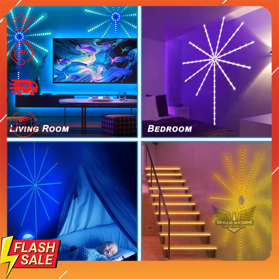 Bộ Đèn Led Pháo Hoa Tết Nháy Theo Nhạc Kết Nối Bluetooth, Đèn Led Hiệu Ứng Pháo Hoa Đầy Màu Sắc 5V Trang Trí Tết