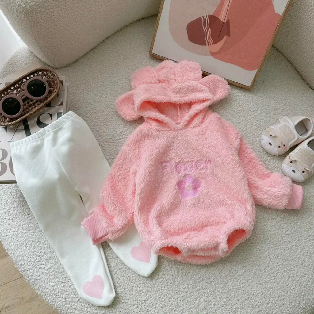 Set gấu lông cho bé gái,hoạ tiết flower dễ thương