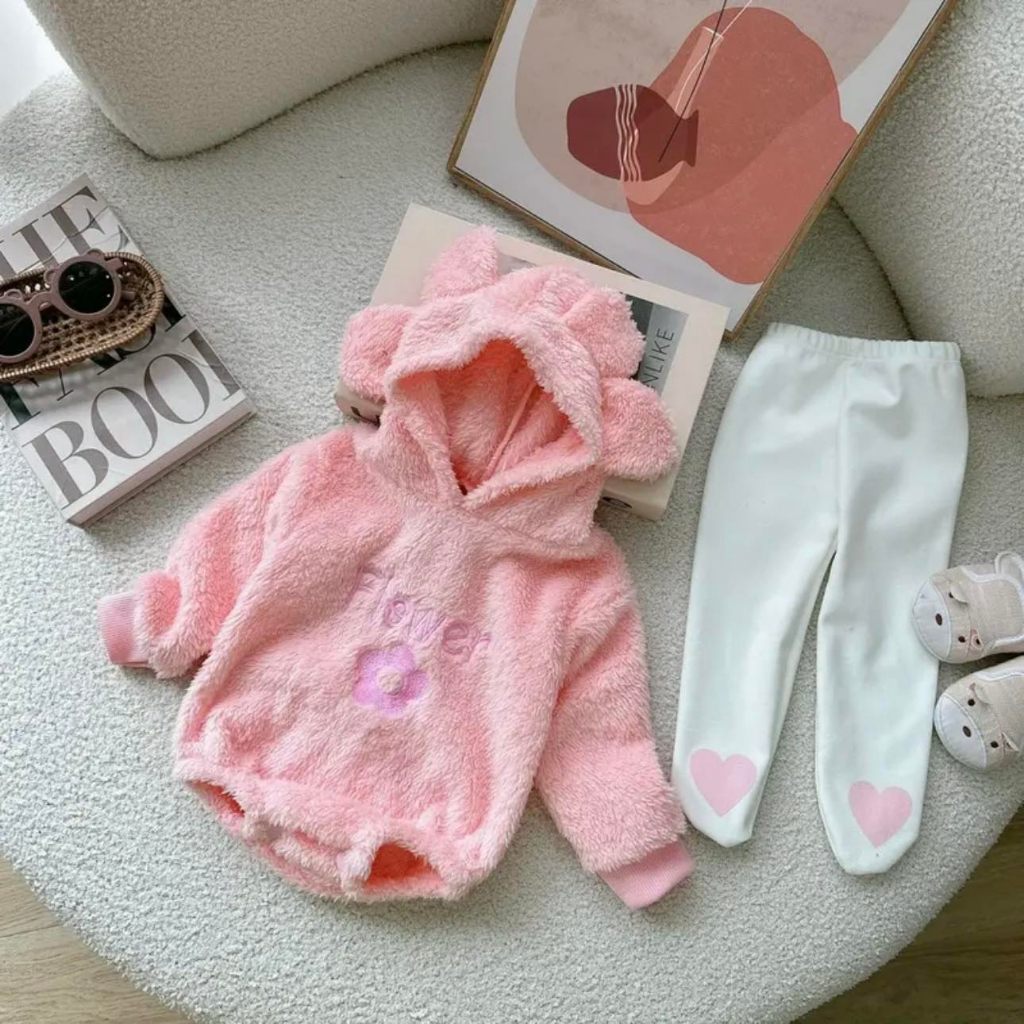 Set gấu lông cho bé gái,hoạ tiết flower dễ thương