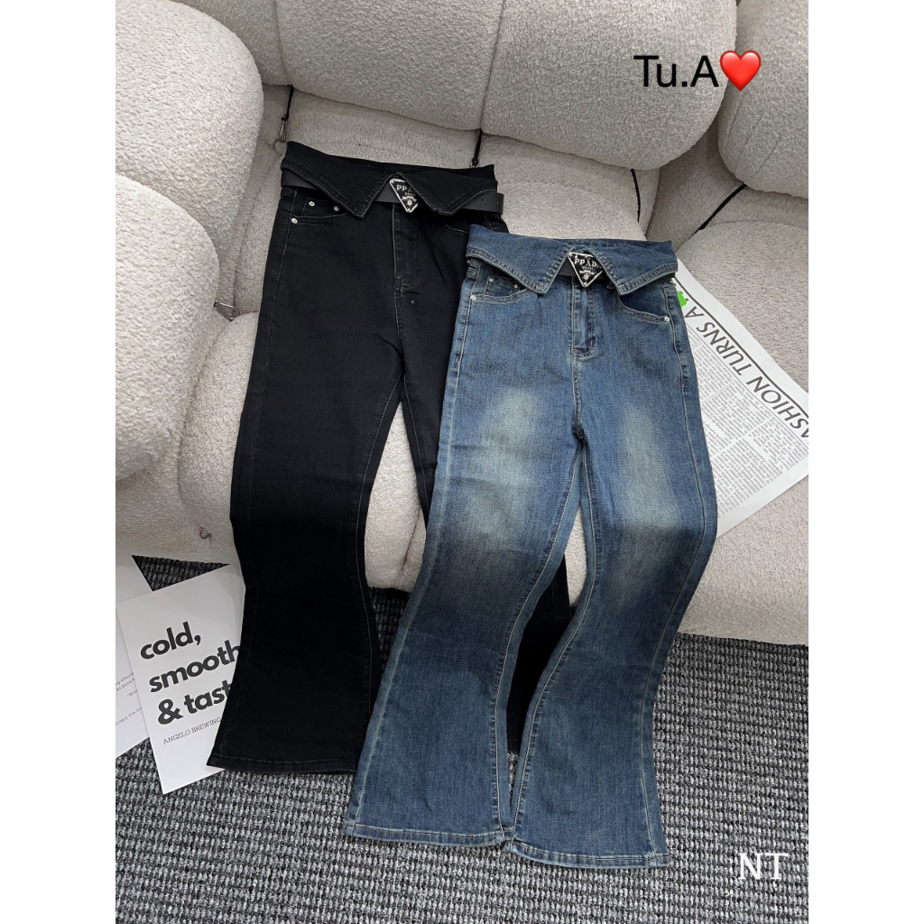 Quần jeans ông loe bẻ cạp kèm đai da hàng QC - Anna.Store