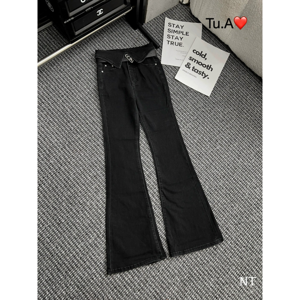 Quần jeans ông loe bẻ cạp kèm đai da hàng QC - Anna.Store
