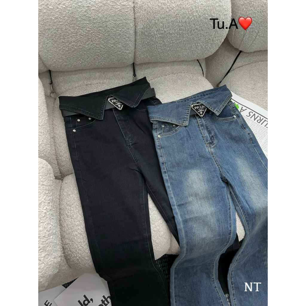 Quần jeans ông loe bẻ cạp kèm đai da hàng QC - Anna.Store