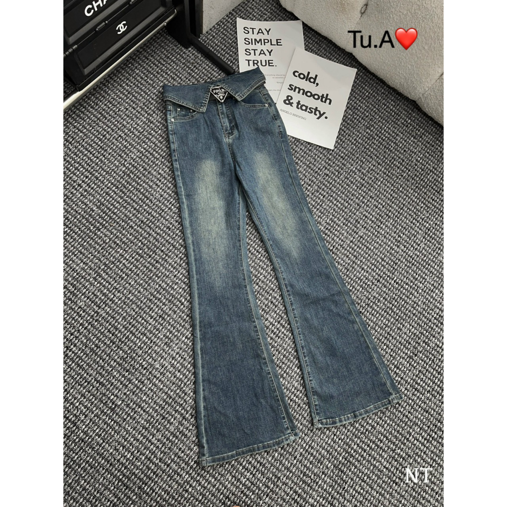 Quần jeans ông loe bẻ cạp kèm đai da hàng QC - Anna.Store