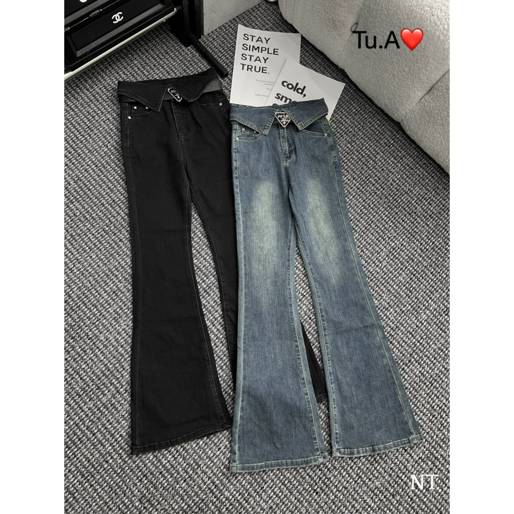 Quần jeans ông loe bẻ cạp kèm đai da hàng QC - Anna.Store
