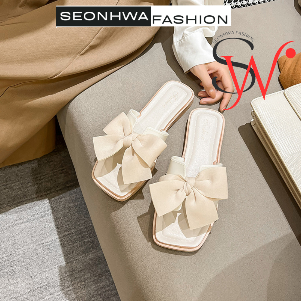 Dép nữ sandal đính nơ dễ thương SEONHWA cao 2cm dép lê thoải mái phong cách Hàn Quốc G1688