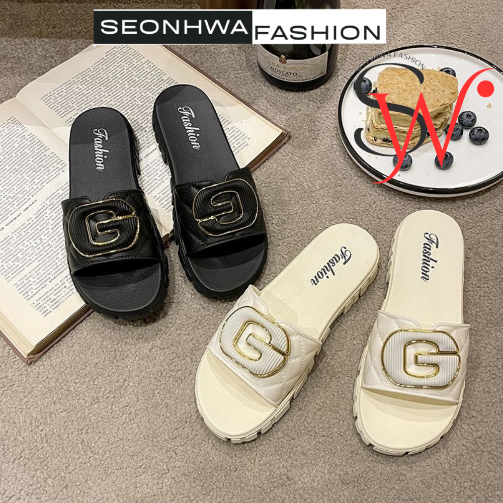 Dép sandal nữ quai ngang chữ G phong cách SEONHWA cao 3cm thời trang sang chảnh hiện đại G2389