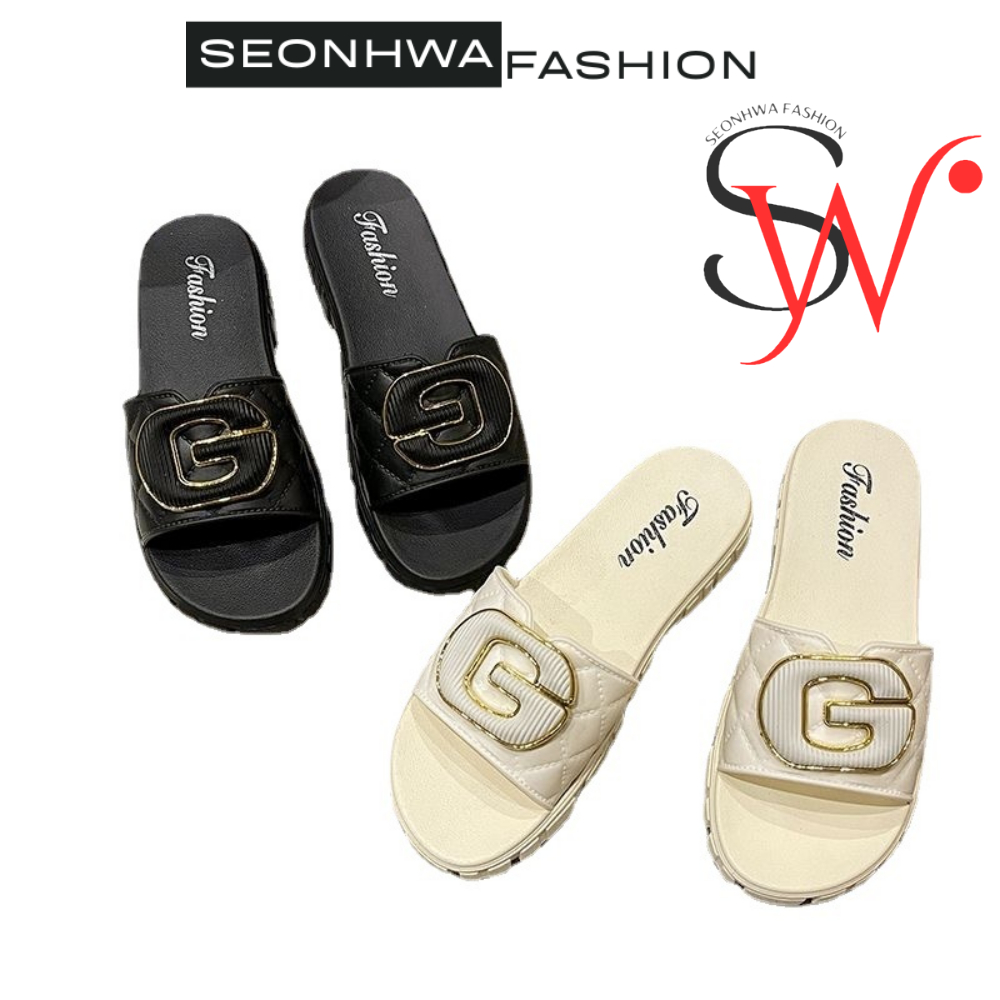 Dép sandal nữ quai ngang chữ G phong cách SEONHWA cao 3cm thời trang sang chảnh hiện đại G2389