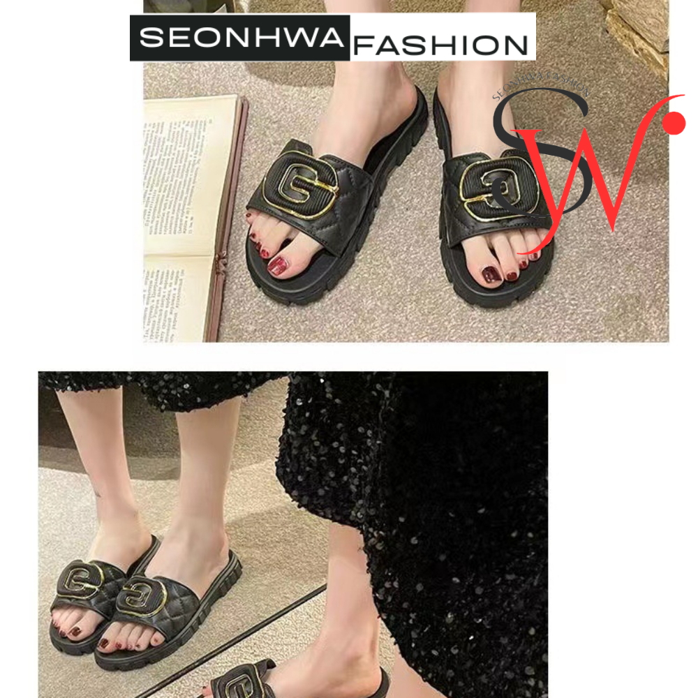 Dép sandal nữ quai ngang chữ G phong cách SEONHWA cao 3cm thời trang sang chảnh hiện đại G2389