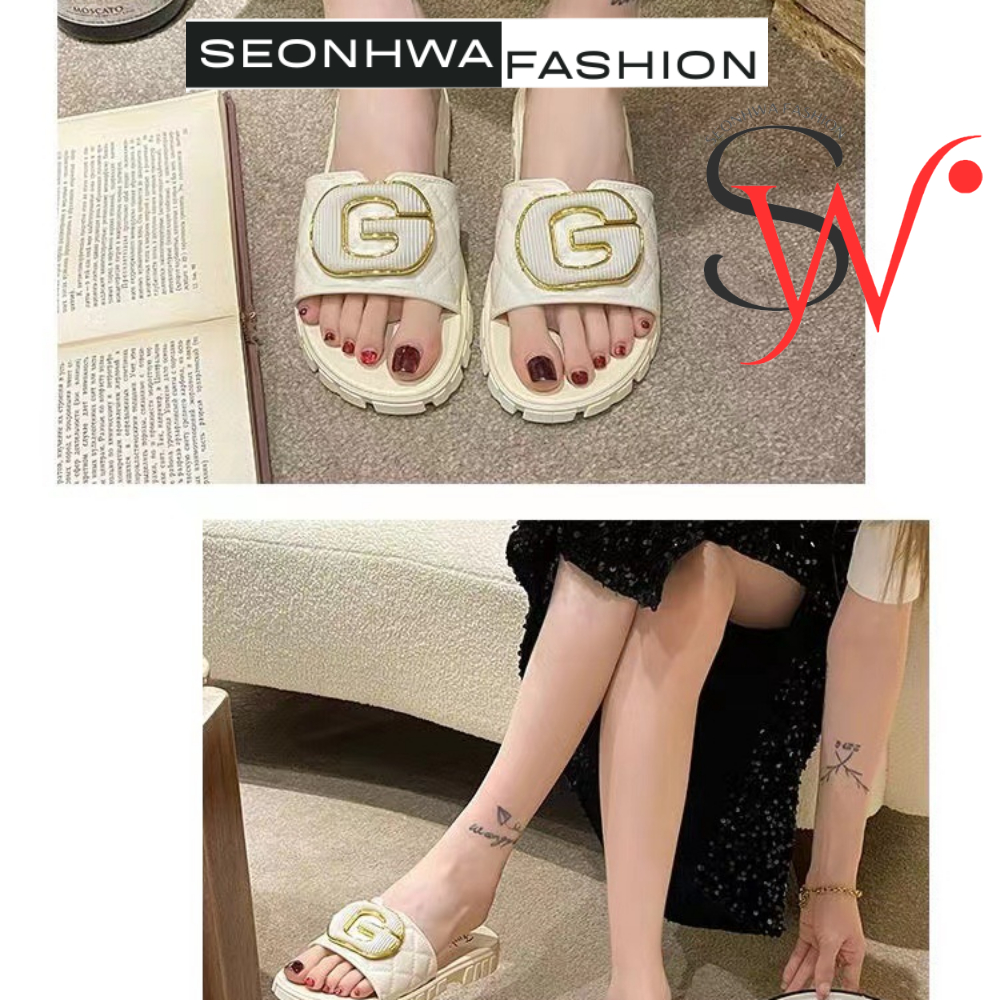 Dép sandal nữ quai ngang chữ G phong cách SEONHWA cao 3cm thời trang sang chảnh hiện đại G2389