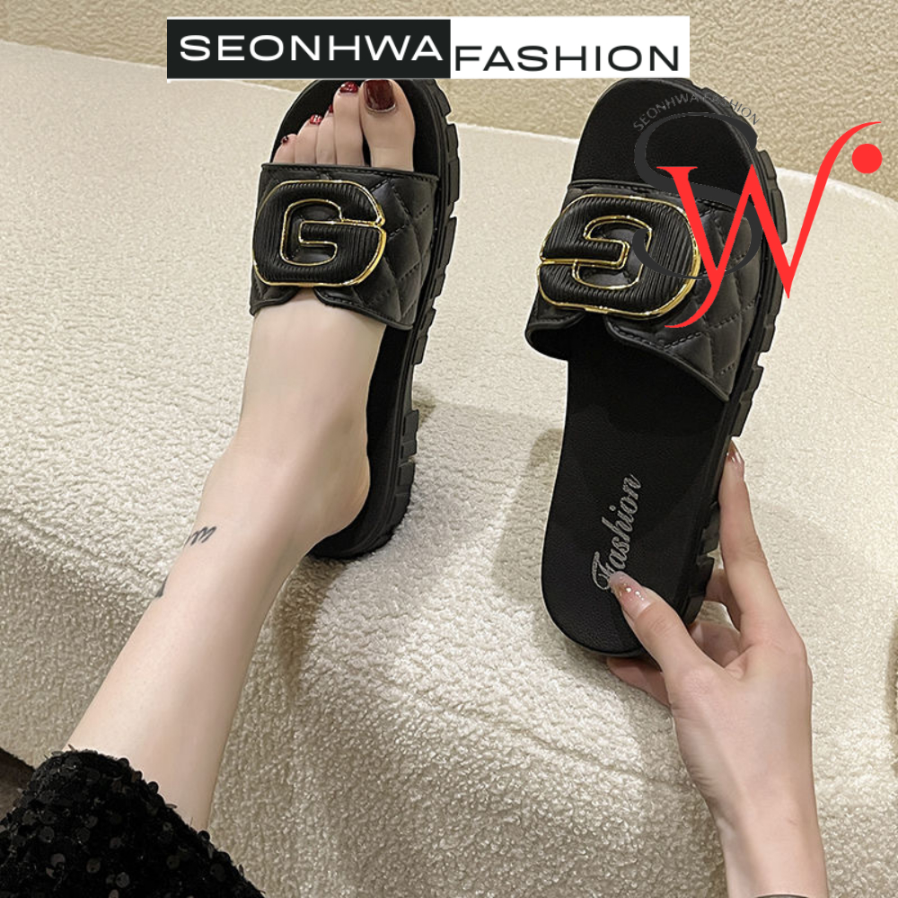 Dép sandal nữ quai ngang chữ G phong cách SEONHWA cao 3cm thời trang sang chảnh hiện đại G2389