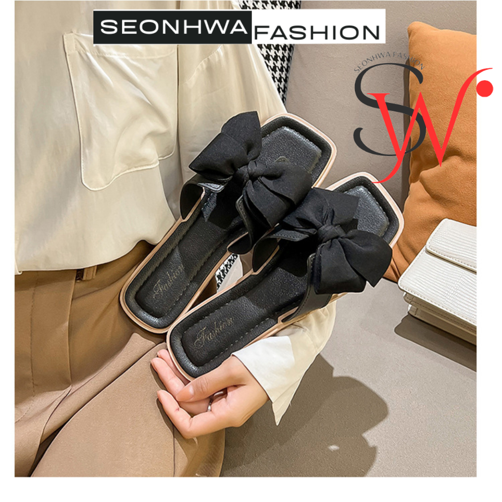 Dép nữ sandal đính nơ dễ thương SEONHWA cao 2cm dép lê thoải mái phong cách Hàn Quốc G1688