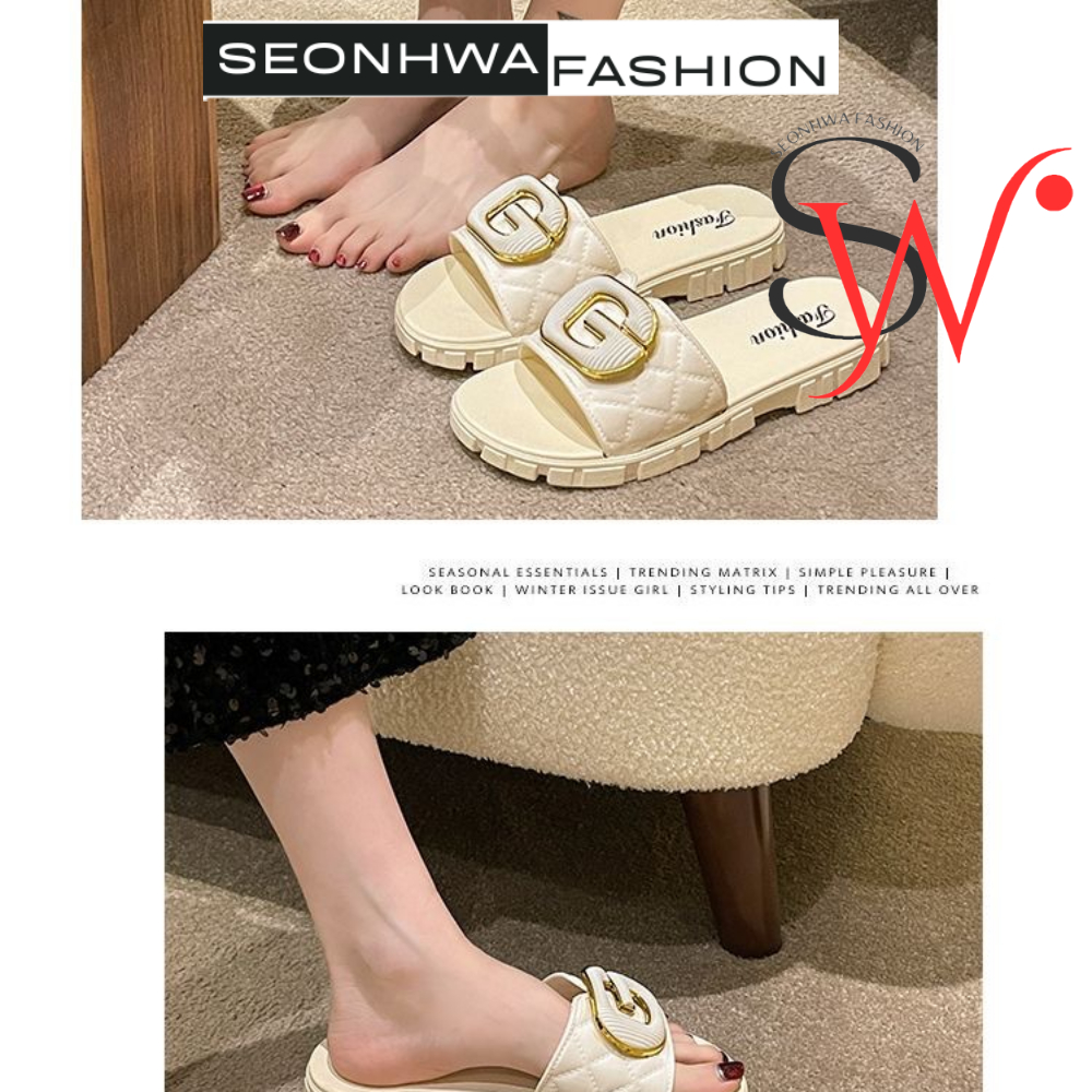 Dép sandal nữ quai ngang chữ G phong cách SEONHWA cao 3cm thời trang sang chảnh hiện đại G2389