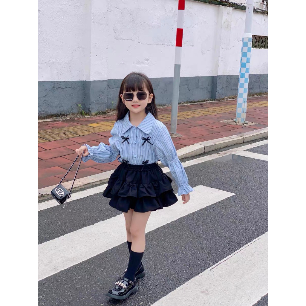 Set áo sơ mi kẻ đính nơ phối chân váy 3 tầng xòe dễ thương cho bé gái Danchau 743
