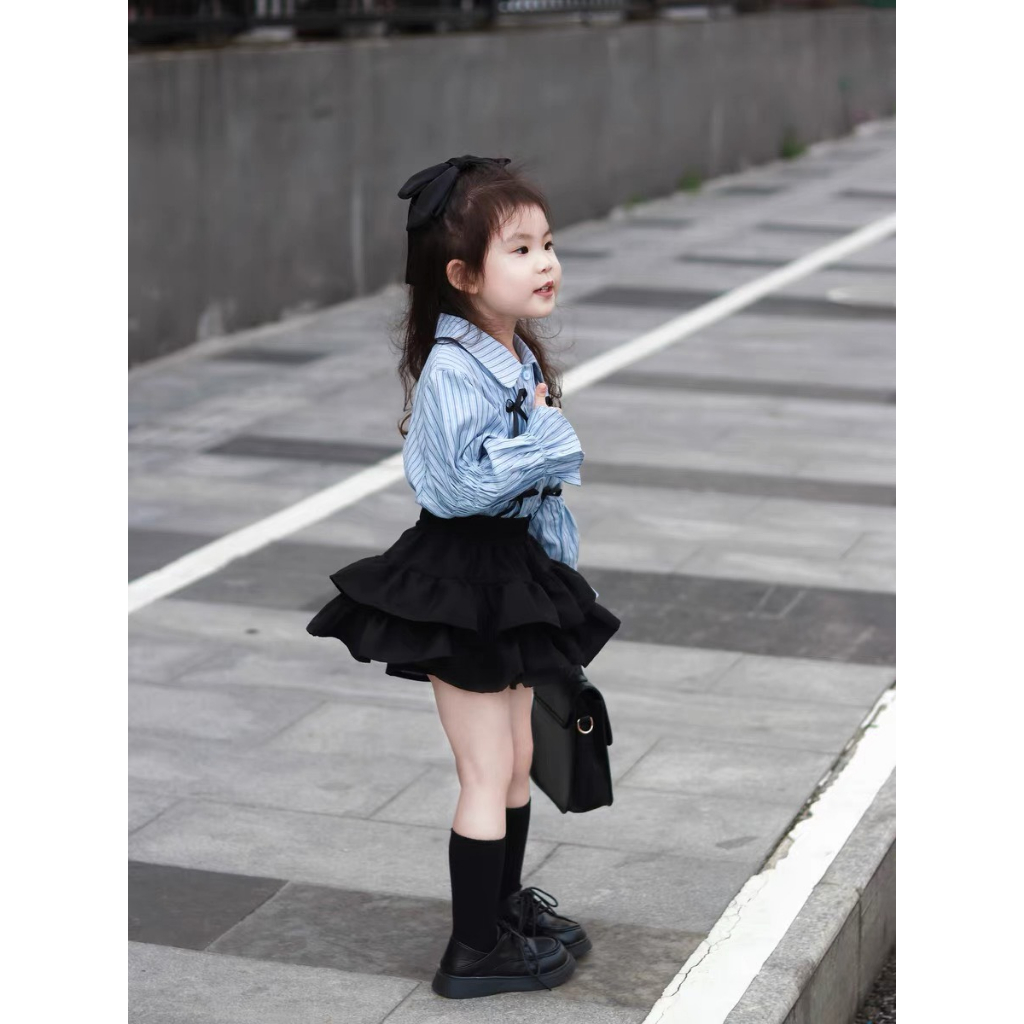 Set áo sơ mi kẻ đính nơ phối chân váy 3 tầng xòe dễ thương cho bé gái Danchau 743