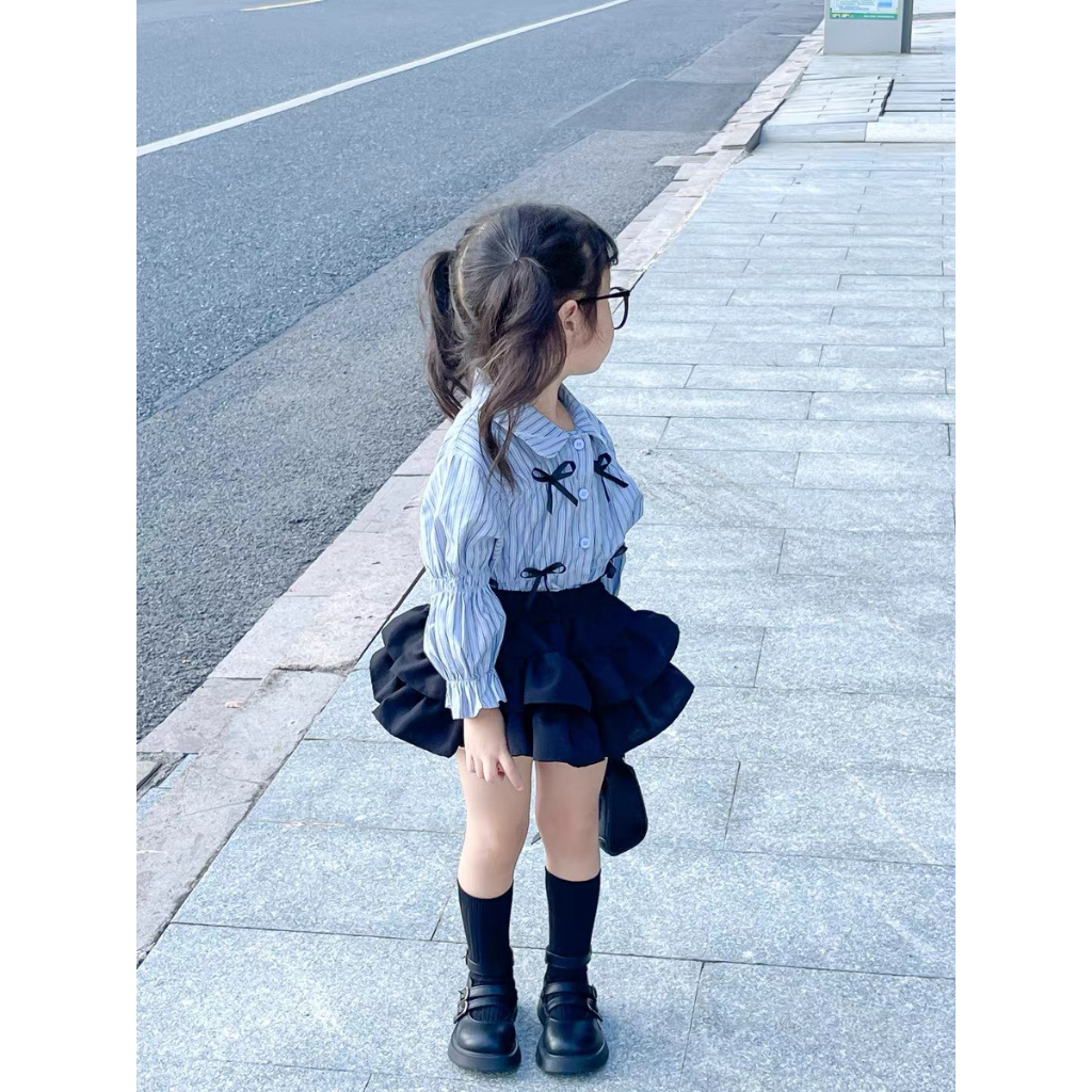 Set áo sơ mi kẻ đính nơ phối chân váy 3 tầng xòe dễ thương cho bé gái Danchau 743
