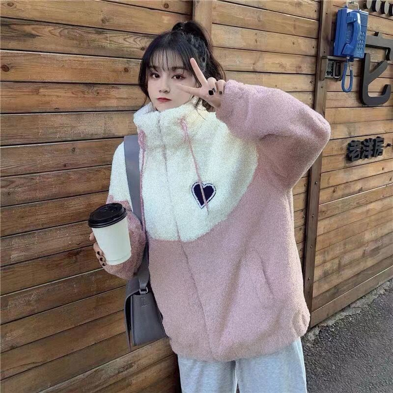 Áo khoác Lông cừu ,Áo khoác hoodie Vải lông cừu giữ ấm Thoải Logo hình trái tim