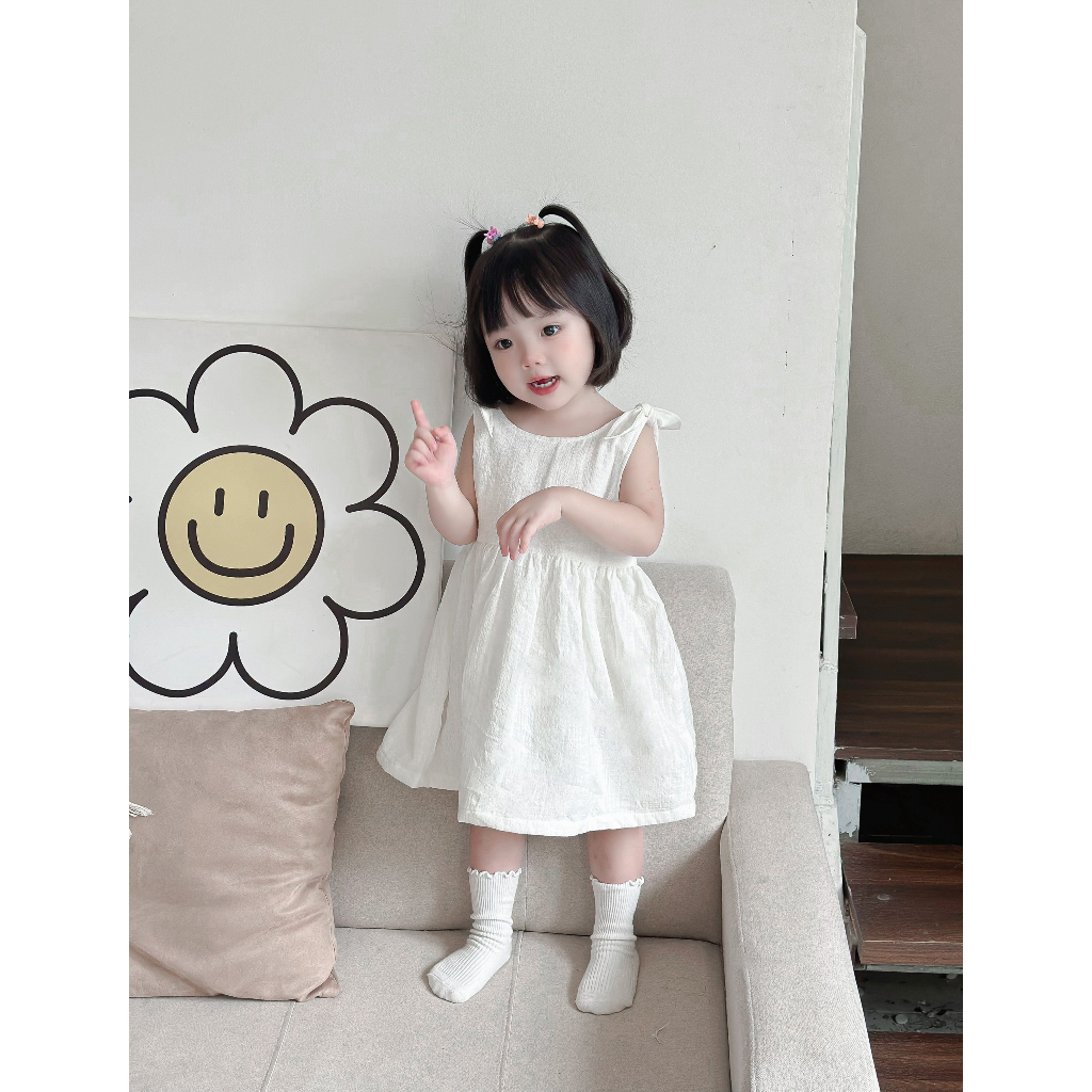 Đầm linen trắng cho bé gái, váy thiết kế nhà Carrot Baby Clothes