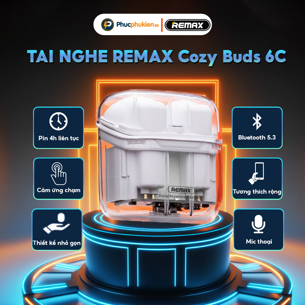 Tai nghe bluetooth không dây True Wireless Remax Cozy Buds 6C thiết kế trong suốt Pin 4h - Phúc Phụ Kiện