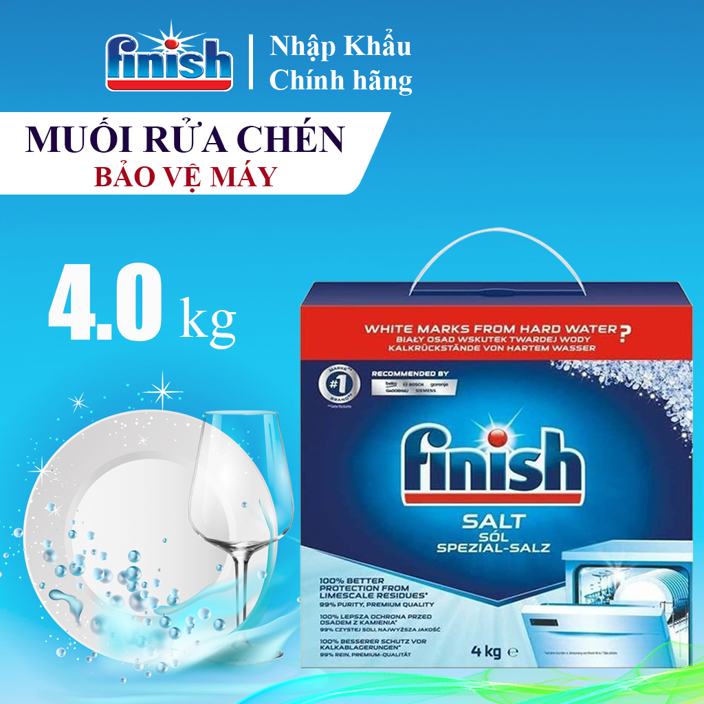 Muối rửa bát Finish salt hộp 4kg cho máy rửa chén bát kèm cốc đong, thiết kế mở hộp kiểu mới tiện sử dụng và bảo quản
