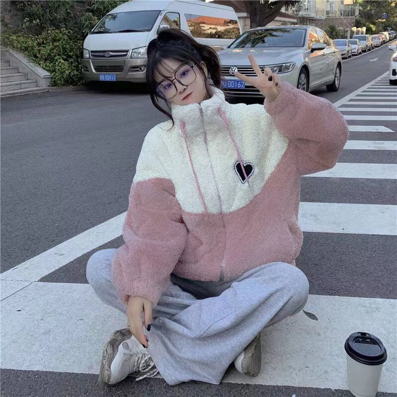 Áo khoác Lông cừu ,Áo khoác hoodie Vải lông cừu giữ ấm Thoải Logo hình trái tim