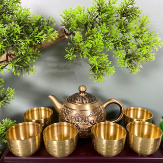 Bộ ấm chén đồng 8 món cao cấp hoạ tiết sơn thuỷ, tặng khay ấm đồng