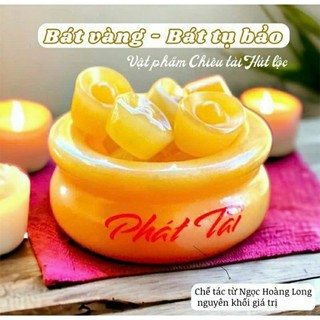 Bát Tụ Bảo ( Tụ Bảo Bồn ) có đế gỗ Đá Ngọc Hoàng Long Chiêu Tài Lộc , kích thước 10cm + 10 thỏi vàng