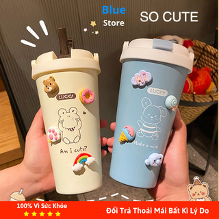 Cốc giữ nhiệt cute 500ml có ống hút, Ly đựng nước giữ nhiệt cầm tay, Bình giữ nhiệt mini kèm sticker + dây