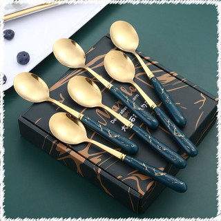 Set 6 thìa inox mạ vàng cán sứ màu xanh ngọc vân đá cao cấp kèm hộp sang trọng