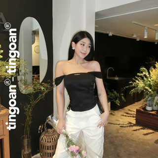 TINGOAN® - Áo corset phối tay trễ vai đan dây sườn đính logo TINGOAN® đen UNSEEN TOP/BL