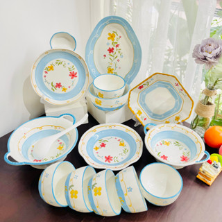 Bộ bát đĩa sứ decor, Chén dĩa dễ thương, Bát ăn cơm, Bộ chén dĩa hoạ tiết hoa dây màu xanh siêu đẹp dày dặn sét 14 món