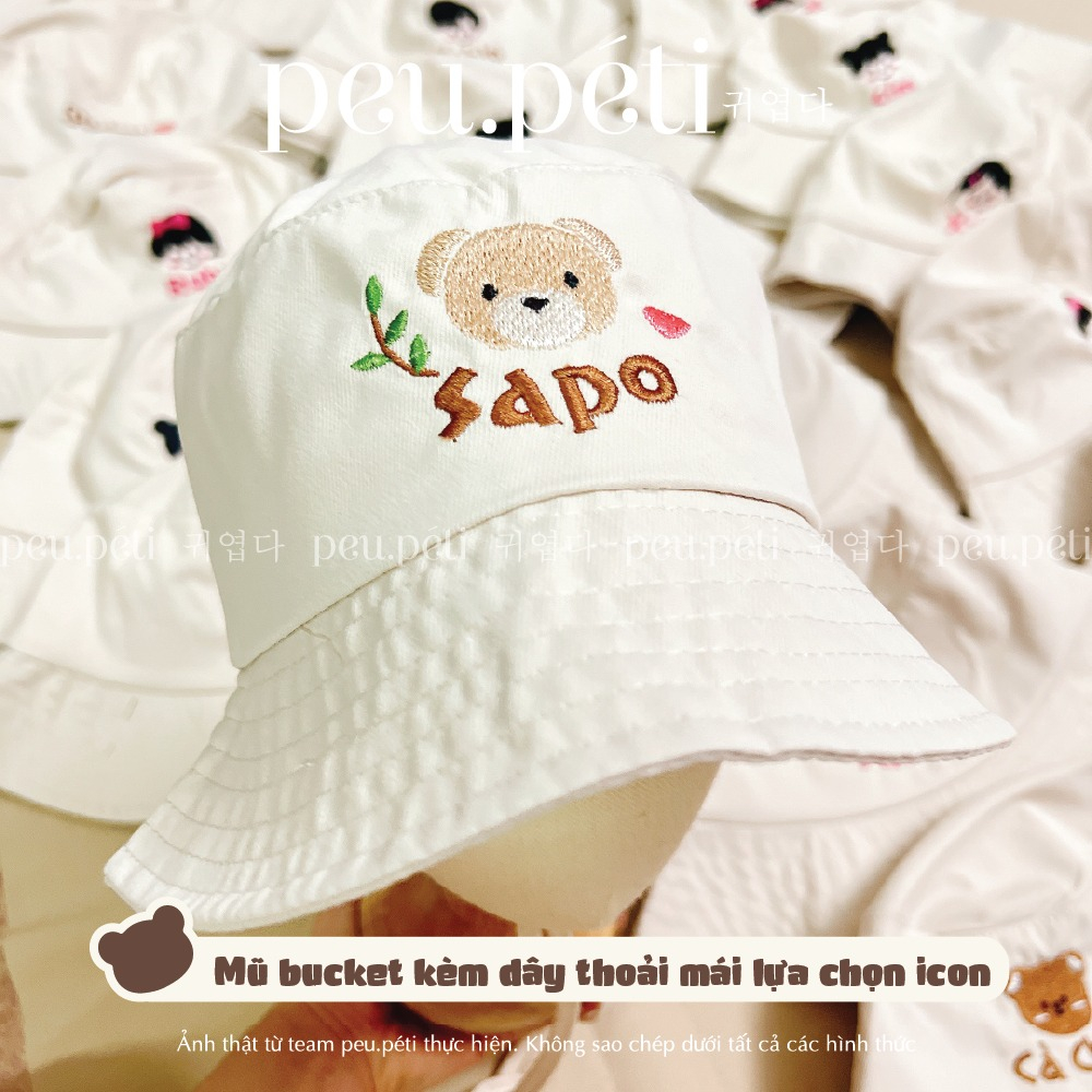 THÊU TÊN mũ bucket vành rộng kèm chống tuột cho bé style Hàn - by Peu.péti