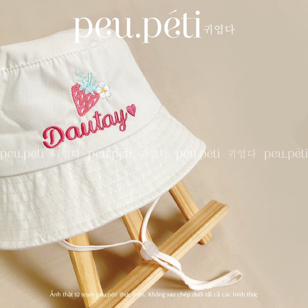 THÊU TÊN mũ bucket vành rộng kèm chống tuột cho bé style Hàn - by Peu.péti