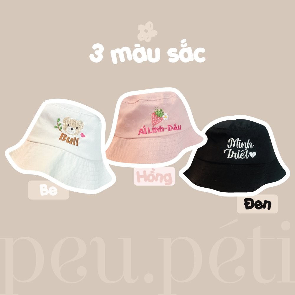 THÊU TÊN mũ bucket vành rộng kèm chống tuột cho bé style Hàn - by Peu.péti